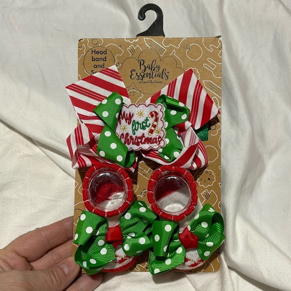 Baby Essentials 0-6 Christmas bow bootie socks headband My First Christmas NWT